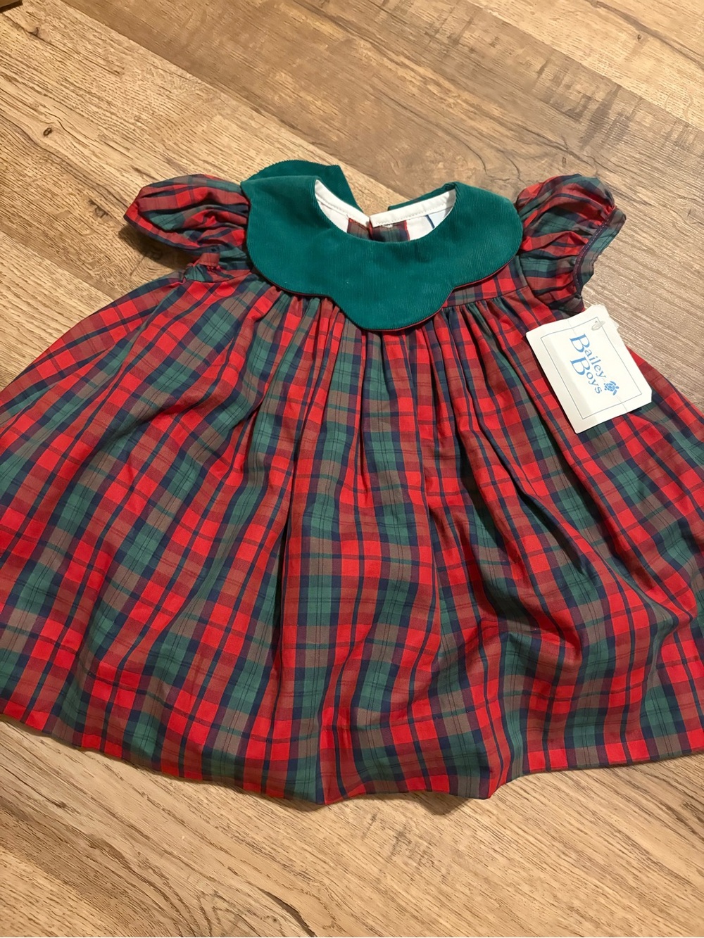 Bailey boys Holiday Plaid Baby Dress with Green Peter Pan Collar